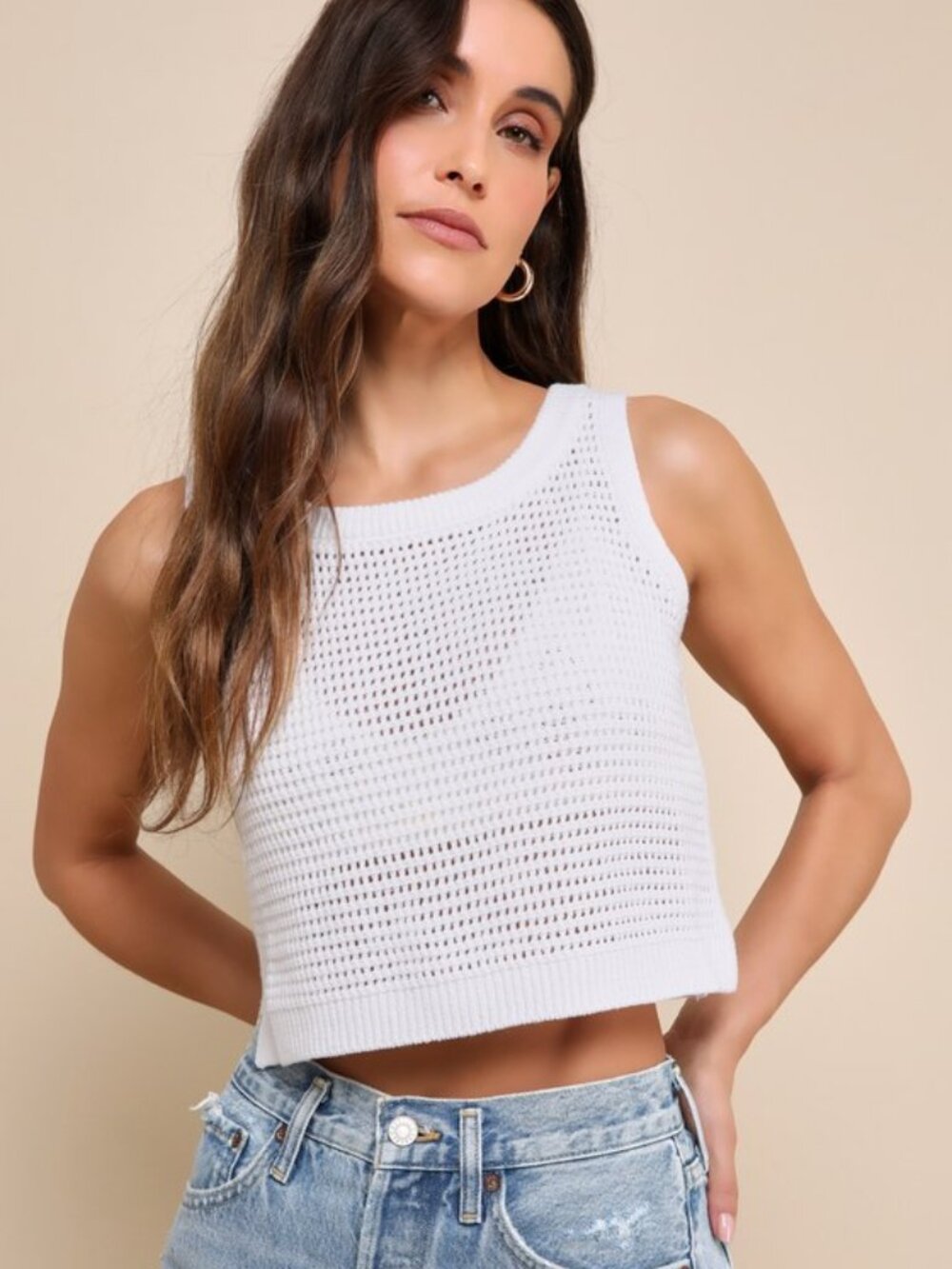 Lulus Get The Look White Loose Knit Sweater Tank Top - Size S